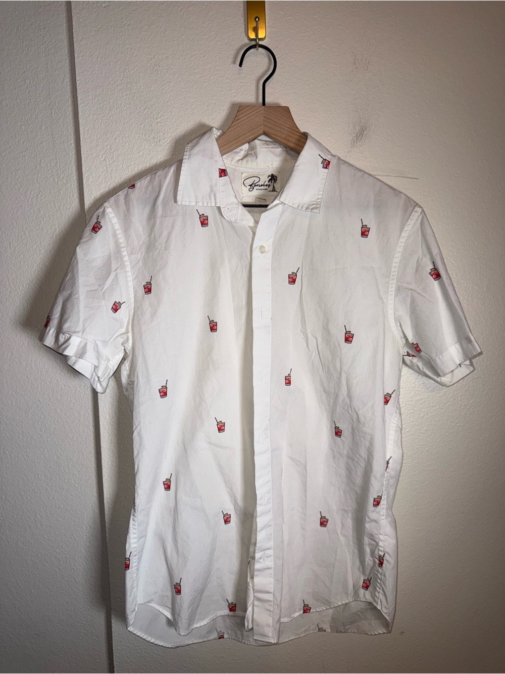 BONOBOS White Vacation Print Tailored Fit Cotton Short Sleeve Button Up Shirt M